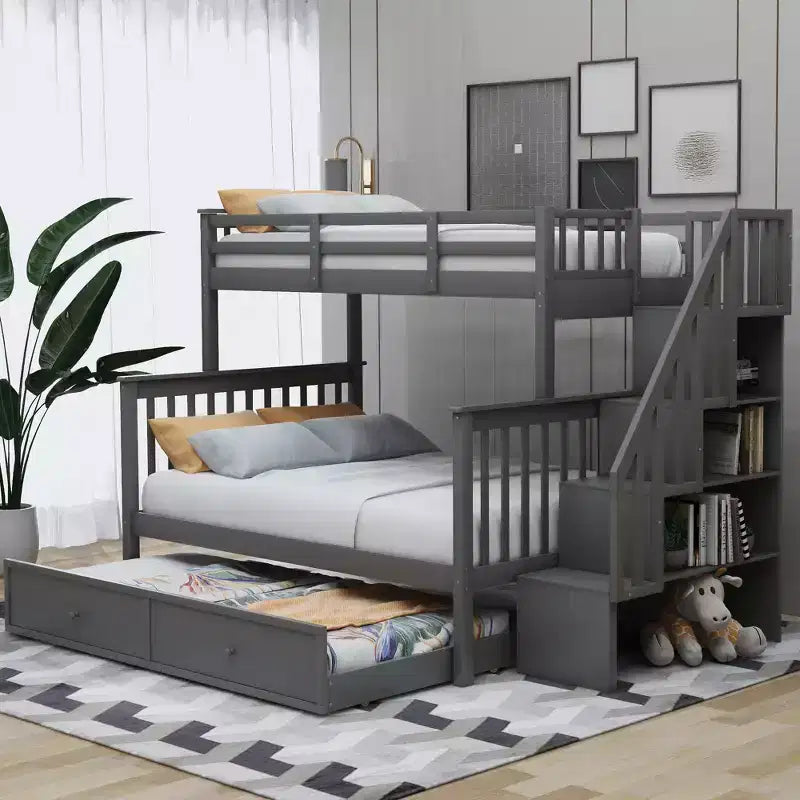 Lit superposé jumeau sur lit double avec lit gigogne pour enfants, cadre de lit superposé avec escalier de rangement et garde-corps