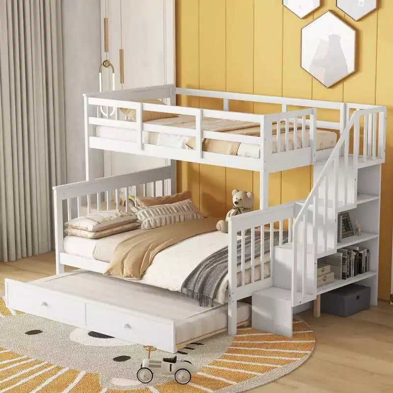 Lit superposé jumeau sur lit double avec lit gigogne pour enfants, cadre de lit superposé avec escalier de rangement et garde-corps