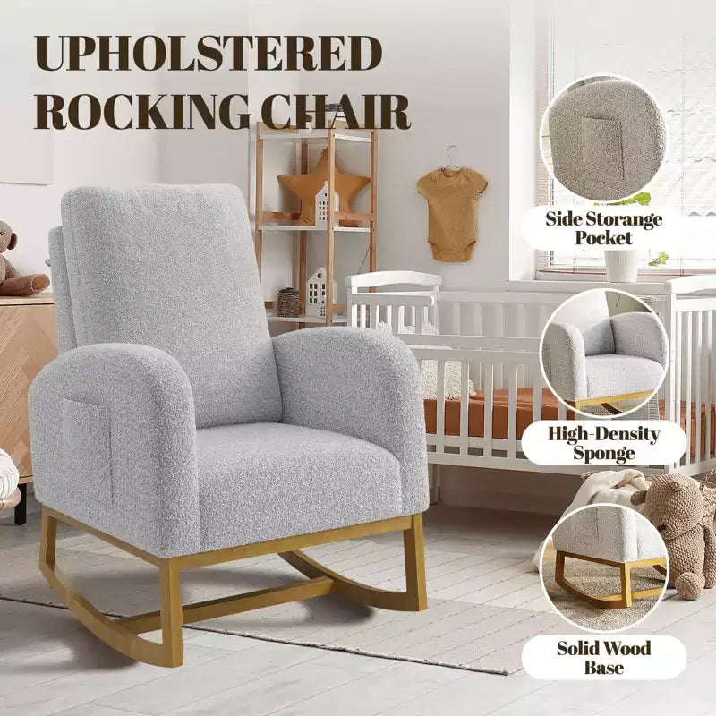 Fauteuil à bascule CuisinSmart Nursery, confortable en laine d'agneau, fauteuil d'appoint à bascule moderne avec poches de rangement latérales pour salon ou chambre à coucher