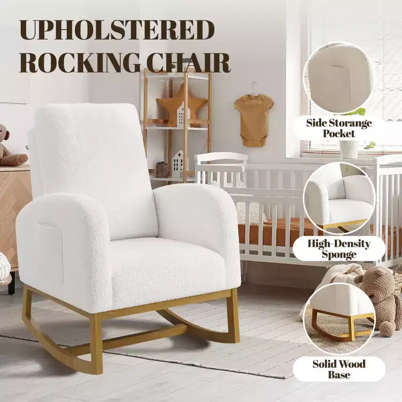 Fauteuil à bascule CuisinSmart Nursery, confortable en laine d'agneau, fauteuil d'appoint à bascule moderne avec poches de rangement latérales pour salon ou chambre à coucher