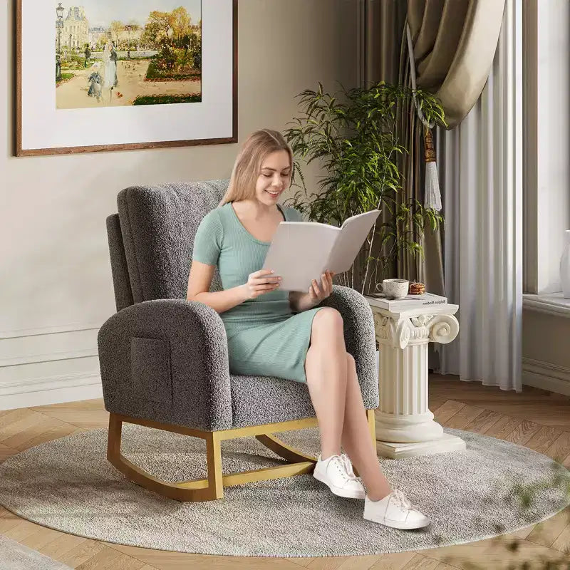 Fauteuil à bascule CuisinSmart Nursery, confortable en laine d'agneau, fauteuil d'appoint à bascule moderne avec poches de rangement latérales pour salon ou chambre à coucher
