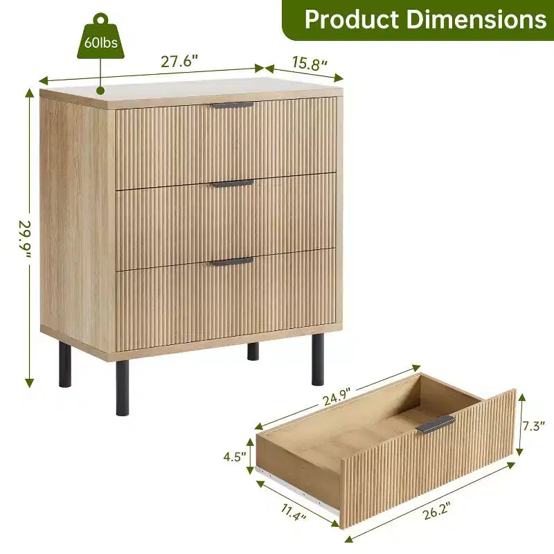 Commode 3 tiroirs cannelés COZONY Wave, armoire de rangement haute en bois avec pieds en métal, commode de chambre avec dispositif anti-basculement, 2 pièces expédiées en 2 colis