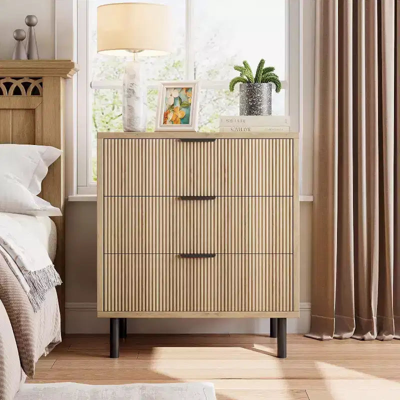 Commode 3 tiroirs cannelés COZONY Wave, armoire de rangement haute en bois avec pieds en métal, commode de chambre avec dispositif anti-basculement, 2 pièces expédiées en 2 colis