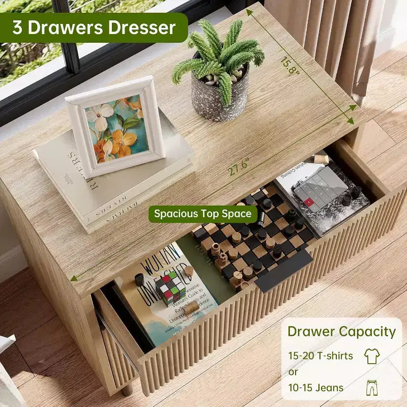 Commode 3 tiroirs cannelés COZONY Wave, armoire de rangement haute en bois avec pieds en métal, commode de chambre avec dispositif anti-basculement, 2 pièces expédiées en 2 colis