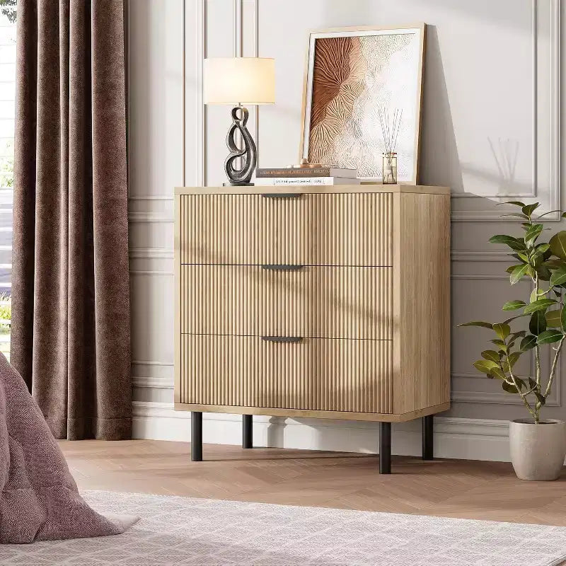 Commode 3 tiroirs cannelés COZONY Wave, armoire de rangement haute en bois avec pieds en métal, commode de chambre avec dispositif anti-basculement, 2 pièces expédiées en 2 colis