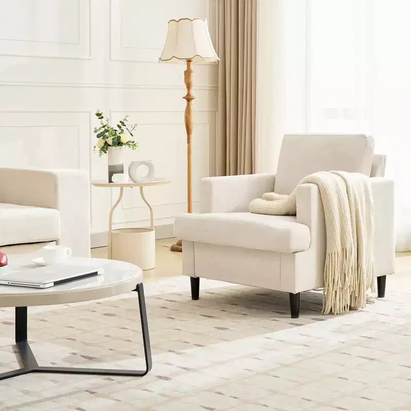Chaise en lin moderne pour salon, fauteuil simple avec pieds en bois et oreiller, fauteuil d'appoint en tissu pour salon