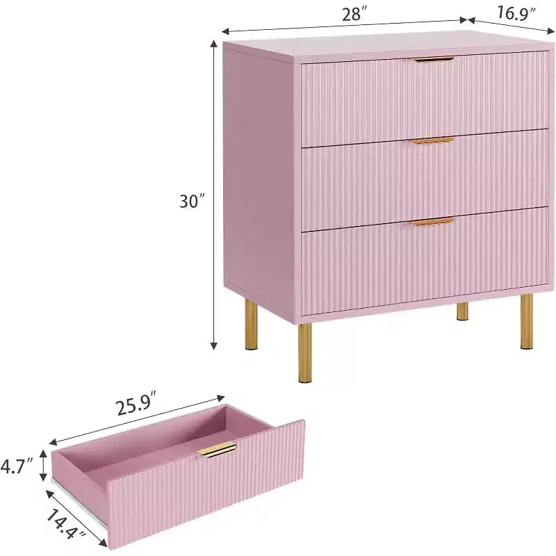 COZONY Commode à 3 tiroirs rose pour chambre à coucher, commode moderne en bois avec poignées dorées, meuble de rangement pour salon, couloir