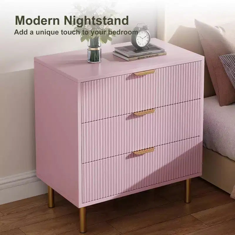 COZONY Commode à 3 tiroirs rose pour chambre à coucher, commode moderne en bois avec poignées dorées, meuble de rangement pour salon, couloir