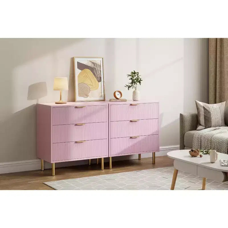 COZONY Commode à 3 tiroirs rose pour chambre à coucher, commode moderne en bois avec poignées dorées, meuble de rangement pour salon, couloir