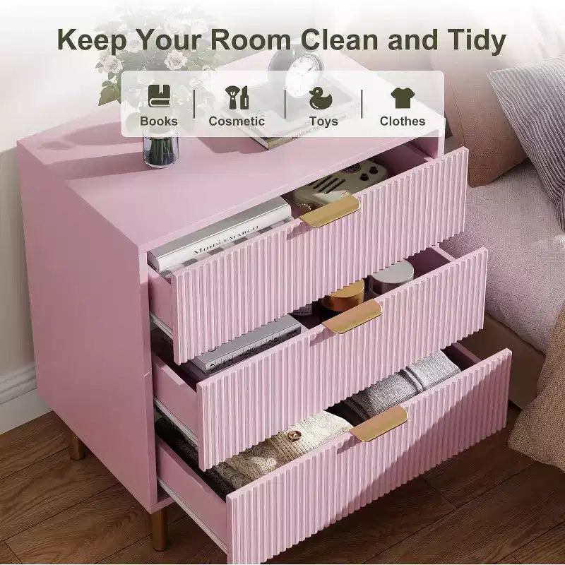 COZONY Commode à 3 tiroirs rose pour chambre à coucher, commode moderne en bois avec poignées dorées, meuble de rangement pour salon, couloir