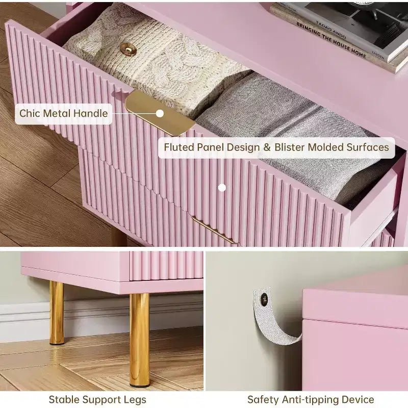 COZONY Commode à 3 tiroirs rose pour chambre à coucher, commode moderne en bois avec poignées dorées, meuble de rangement pour salon, couloir