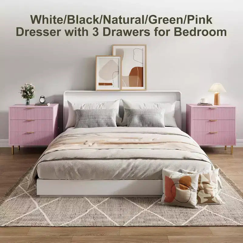 COZONY Commode à 3 tiroirs rose pour chambre à coucher, commode moderne en bois avec poignées dorées, meuble de rangement pour salon, couloir