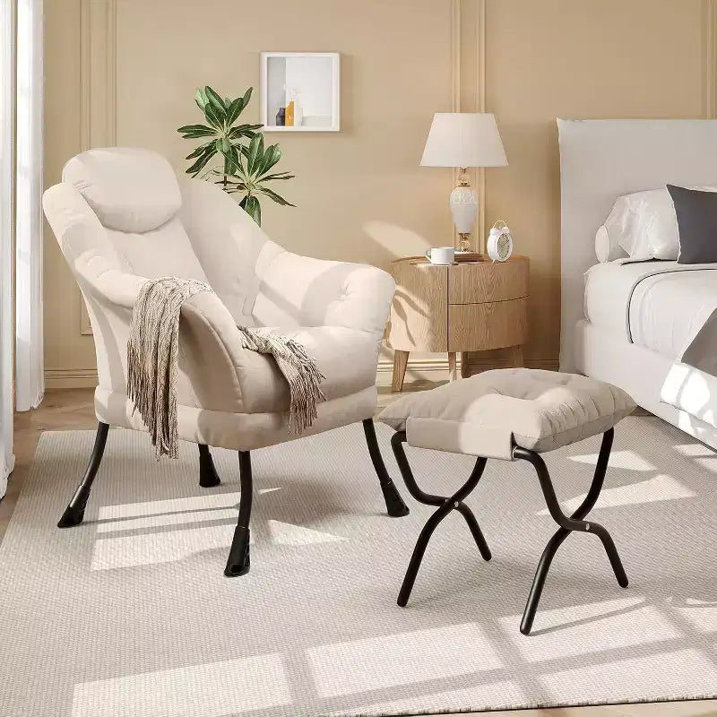 Fauteuil paresseux, Chaises de salon modernes, Fauteuil de lecture ergonomique avec accoudoirs, Fauteuil confortable avec pouf pour chambre et bureau