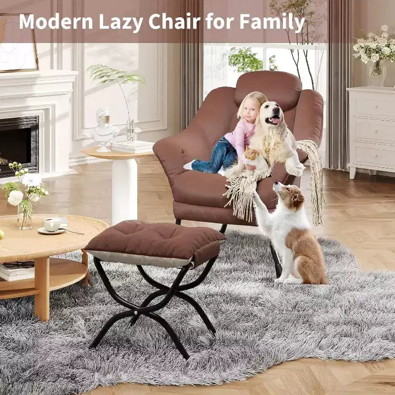 Fauteuil paresseux, Chaises de salon modernes, Fauteuil de lecture ergonomique avec accoudoirs, Fauteuil confortable avec pouf pour chambre et bureau
