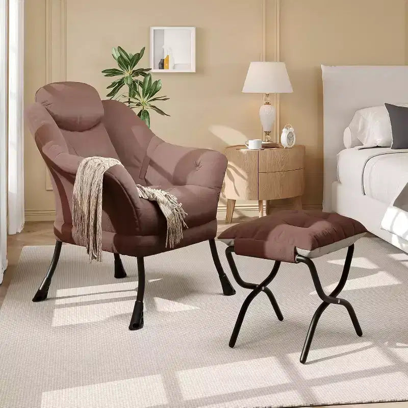 Fauteuil paresseux, Chaises de salon modernes, Fauteuil de lecture ergonomique avec accoudoirs, Fauteuil confortable avec pouf pour chambre et bureau