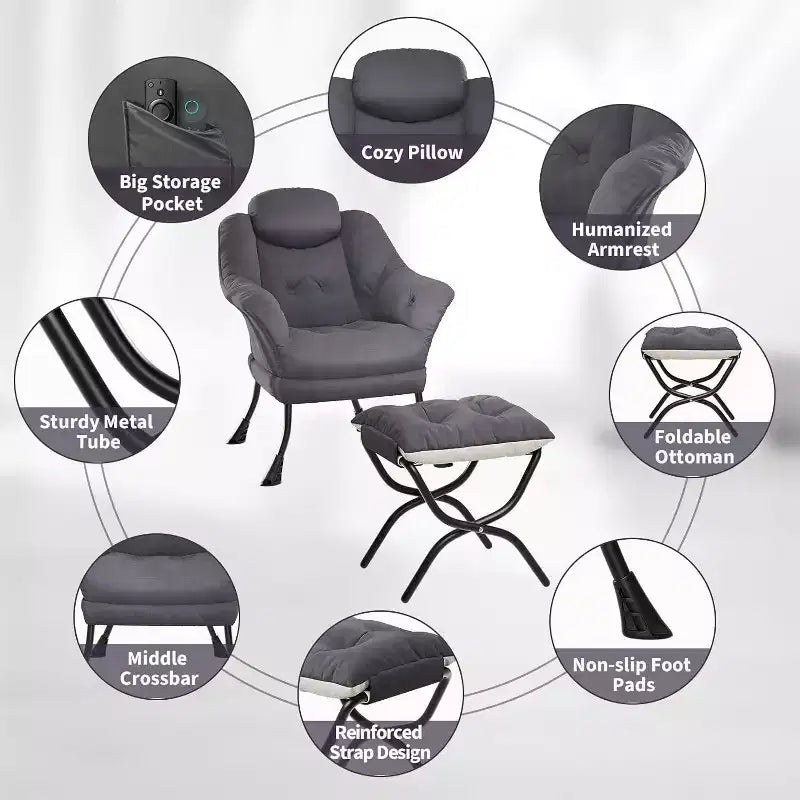 Fauteuil paresseux, Chaises de salon modernes, Fauteuil de lecture ergonomique avec accoudoirs, Fauteuil confortable avec pouf pour chambre et bureau