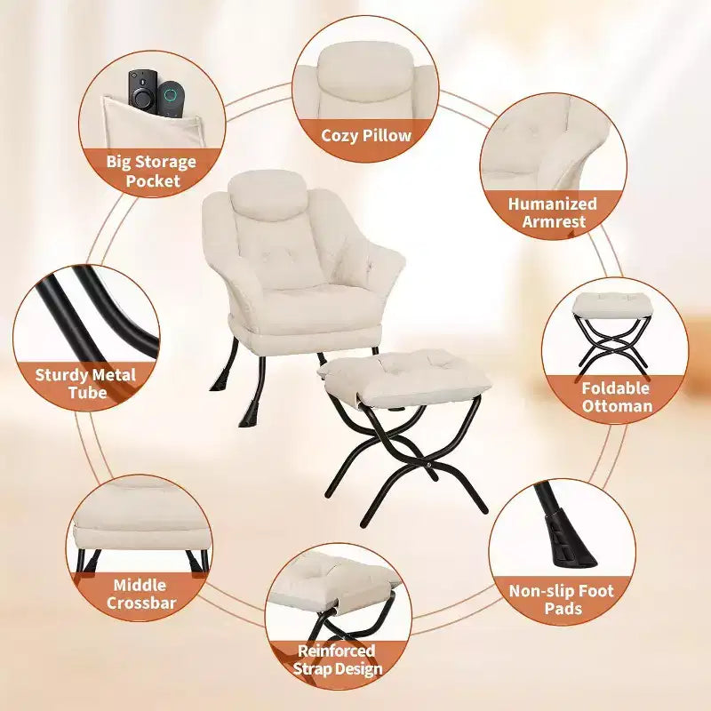 Fauteuil paresseux, Chaises de salon modernes, Fauteuil de lecture ergonomique avec accoudoirs, Fauteuil confortable avec pouf pour chambre et bureau