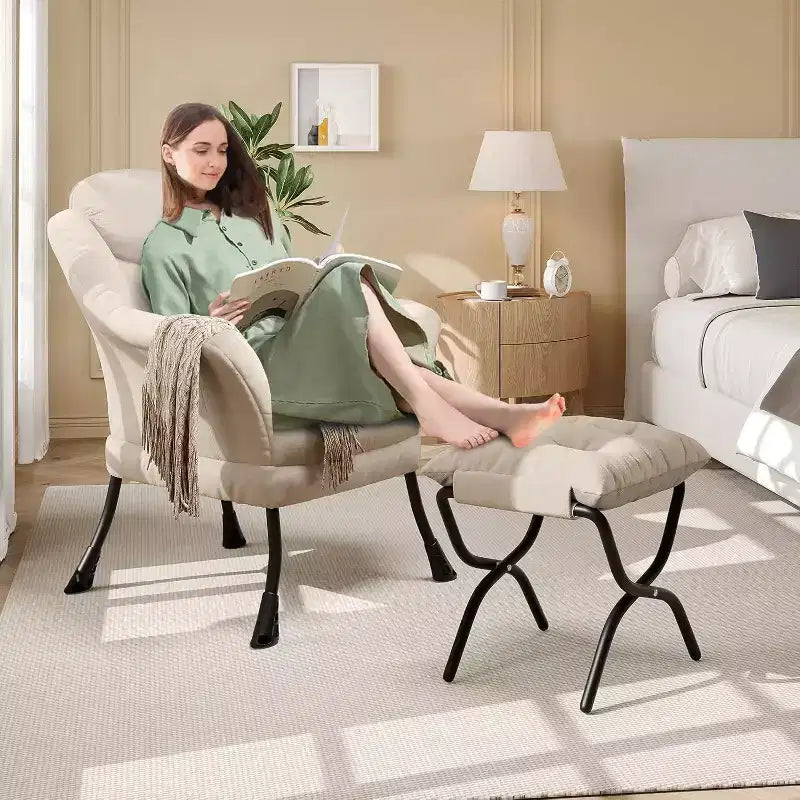 Fauteuil paresseux, Chaises de salon modernes, Fauteuil de lecture ergonomique avec accoudoirs, Fauteuil confortable avec pouf pour chambre et bureau