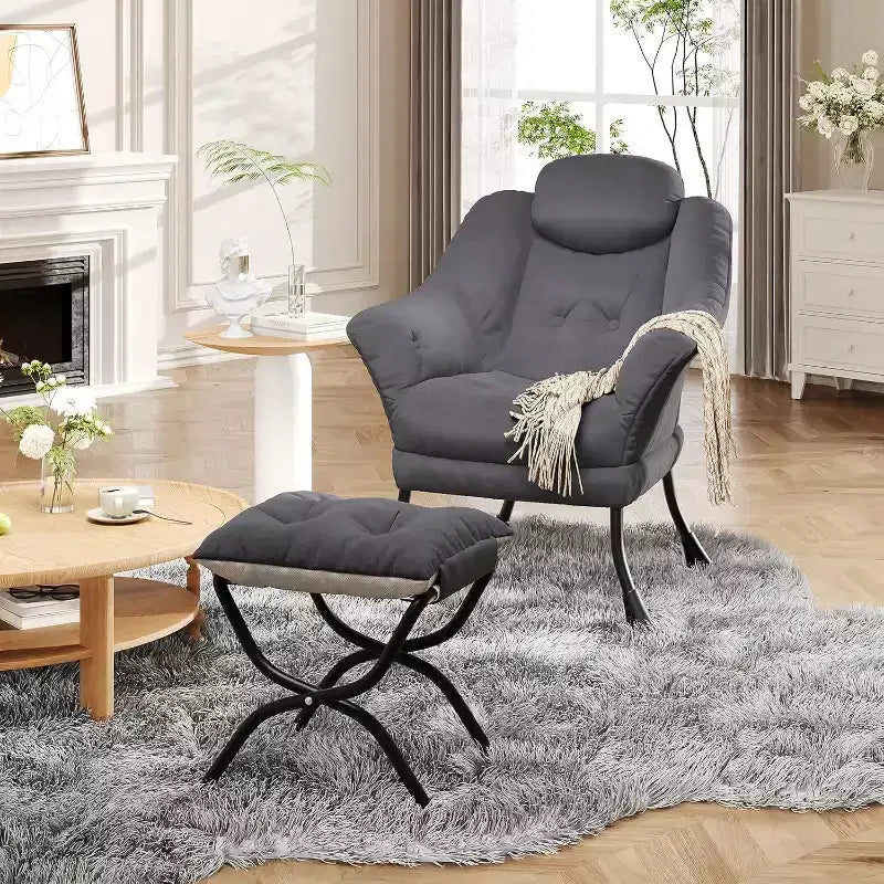 Fauteuil paresseux, Chaises de salon modernes, Fauteuil de lecture ergonomique avec accoudoirs, Fauteuil confortable avec pouf pour chambre et bureau