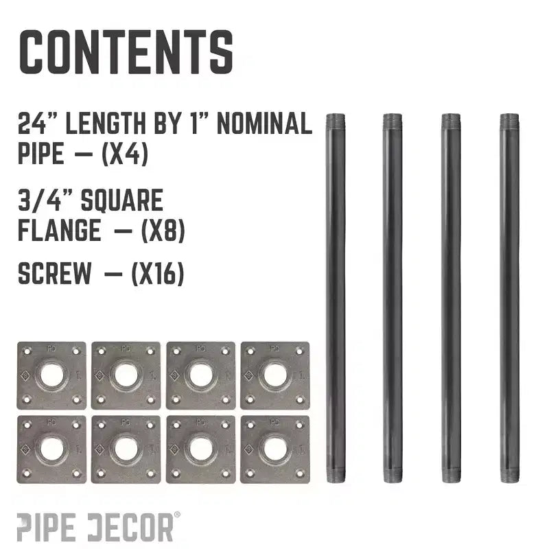 Pipe Decor Piétement de table en tuyau à bride carrée de 1,9 cm x 61 cm – Lot de 4