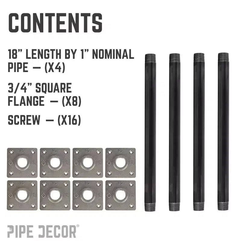 Pipe Decor Pieds de table en tube avec bride carrée 3/4 po x 18 po - Paquet de 4