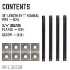 Pipe Decor Pieds de table en tube avec bride carrée 3/4 po x 18 po - Paquet de 4