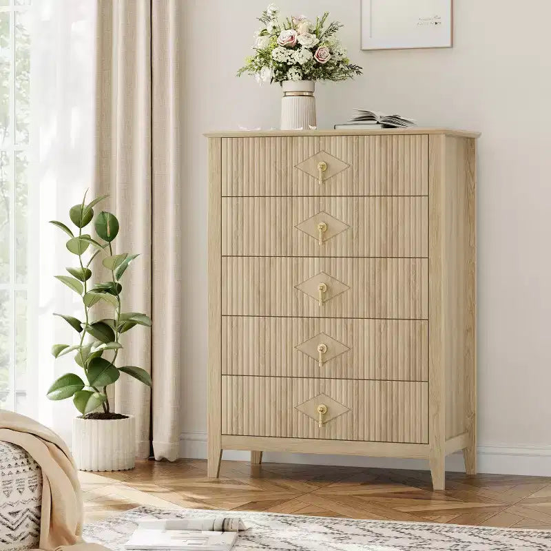 Commode Blanche Cannelée pour Chambre, Tour de Rangement Haute de 43 po avec 5 Tiroirs, Commode Moderne, Unité de Rangement pour Placard, Entrée