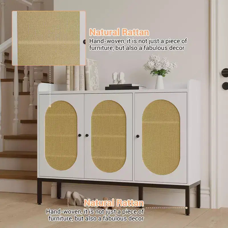 Buffet en rotin à 3 portes avec rangement, meuble de rangement pour chaussures en bois autoportant avec étagère réglable, meuble à chaussures étroit pour entrée