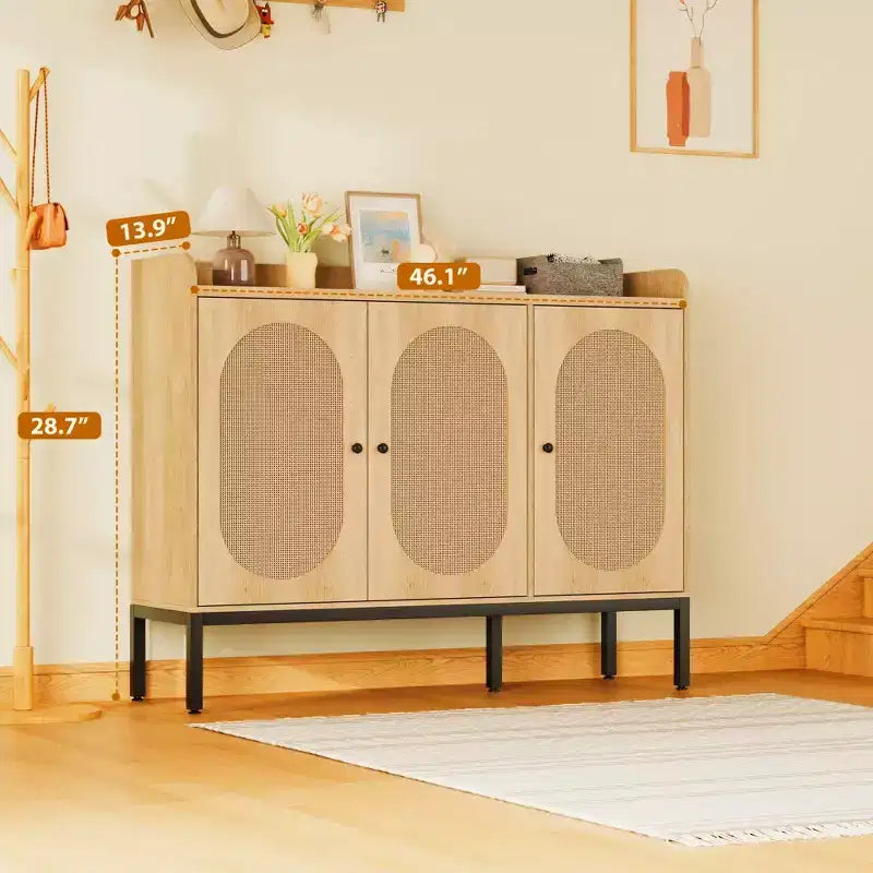 Buffet en rotin à 3 portes avec rangement, meuble de rangement pour chaussures en bois autoportant avec étagère réglable, meuble à chaussures étroit pour entrée