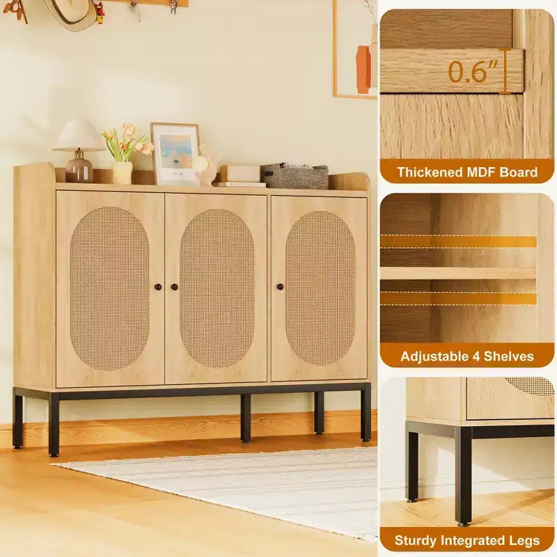 Buffet en rotin à 3 portes avec rangement, meuble de rangement pour chaussures en bois autoportant avec étagère réglable, meuble à chaussures étroit pour entrée