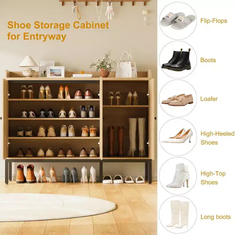 Buffet en rotin à 3 portes avec rangement, meuble de rangement pour chaussures en bois autoportant avec étagère réglable, meuble à chaussures étroit pour entrée