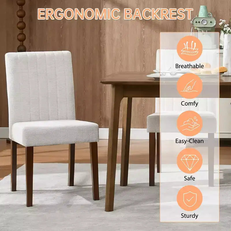 Lot de 2 chaises de salle à manger, chaises de salle à manger capitonnées à rayures avec pieds en bois, chaise de cuisine avec dossier haut rembourré et pieds réglables