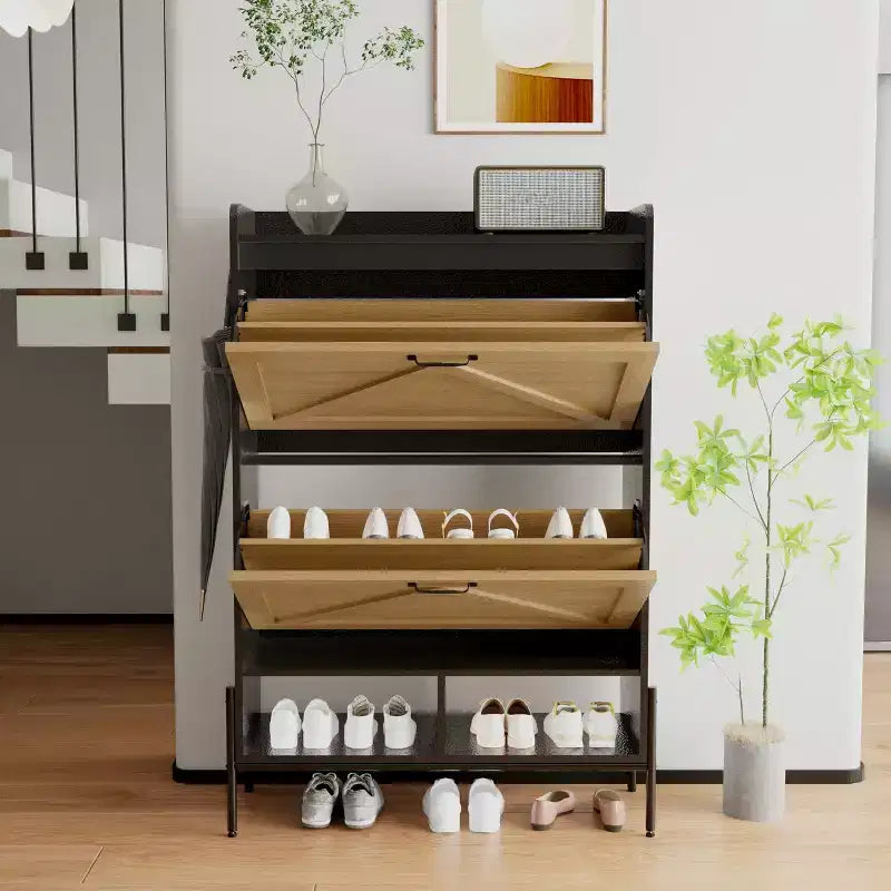 Meuble à chaussures 2 tiroirs TruAIR - Organiseur d'entrée en rotin de style ferme pour 20 paires (autoportant, assemblage sans outils)