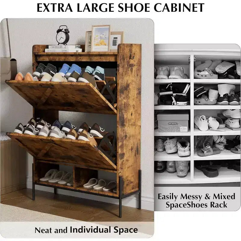 Meuble à chaussures 2 tiroirs TruAIR - Organiseur d'entrée en rotin de style ferme pour 20 paires (autoportant, assemblage sans outils)
