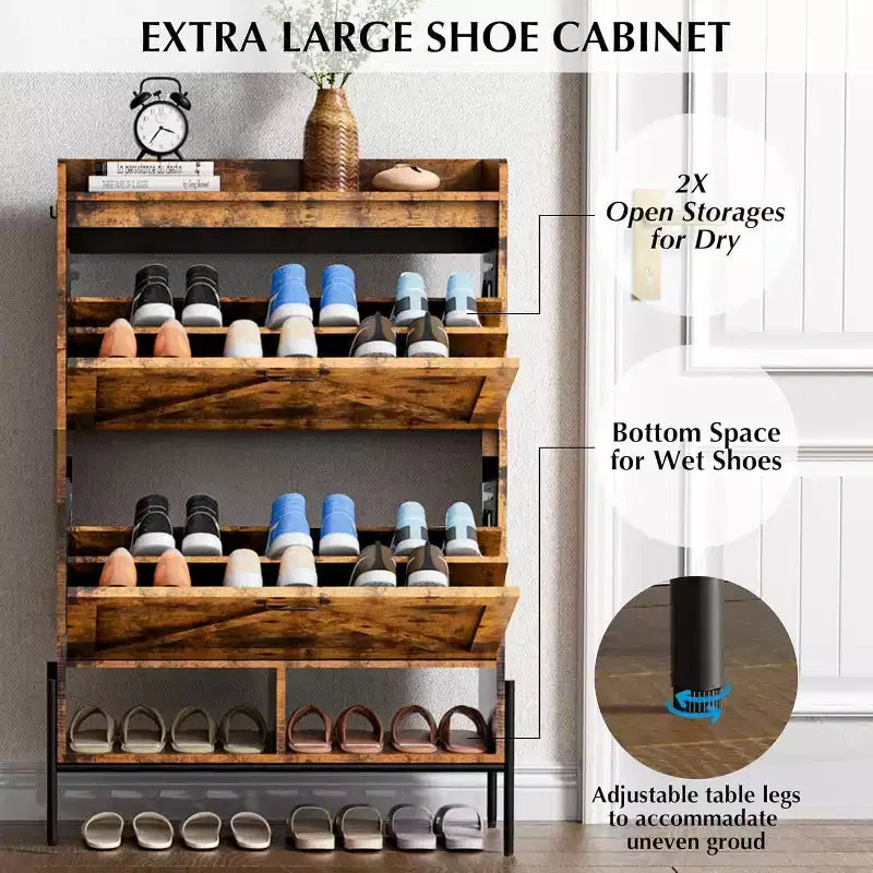 Meuble à chaussures 2 tiroirs TruAIR - Organiseur d'entrée en rotin de style ferme pour 20 paires (autoportant, assemblage sans outils)