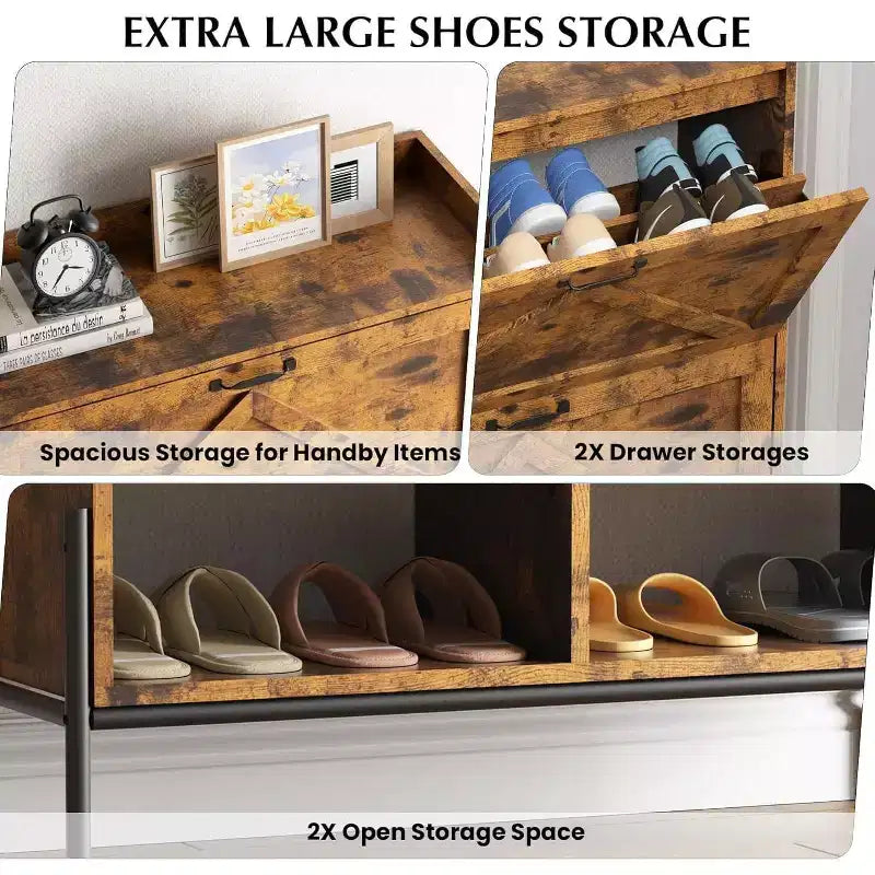 Meuble à chaussures 2 tiroirs TruAIR - Organiseur d'entrée en rotin de style ferme pour 20 paires (autoportant, assemblage sans outils)
