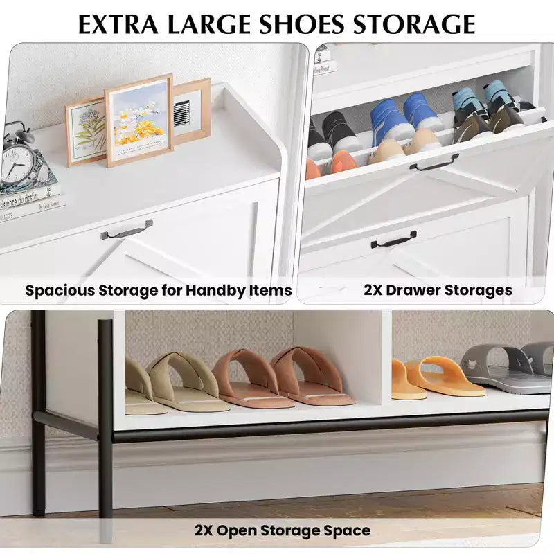 Meuble à chaussures 2 tiroirs TruAIR - Organiseur d'entrée en rotin de style ferme pour 20 paires (autoportant, assemblage sans outils)