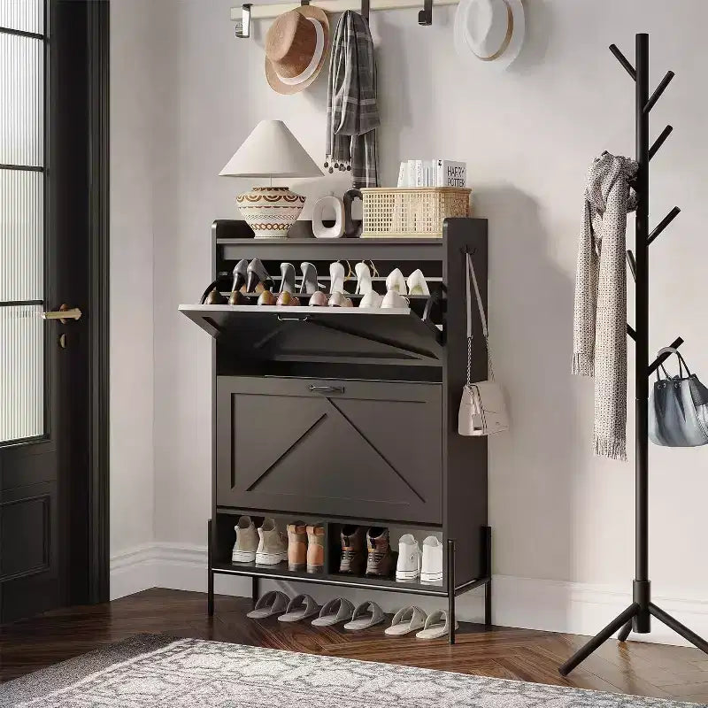 TruAIR 2-Drawer Shoe Cabinet - Farmhouse Rattan Entryway Organizer for 20 Pairs (Freestanding, Tool-Free Assembly)