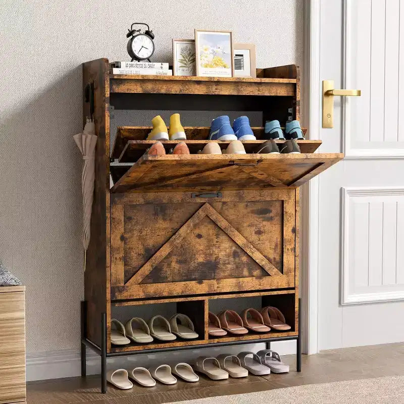 Meuble à chaussures 2 tiroirs TruAIR - Organiseur d'entrée en rotin de style ferme pour 20 paires (autoportant, assemblage sans outils)