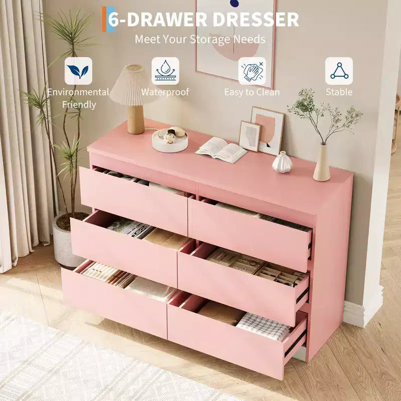 Commode moderne rose à 6 tiroirs, simple commode de rangement pour vêtements pour chambre à coucher, commode double de rangement en bois pour chambre à coucher, salon
