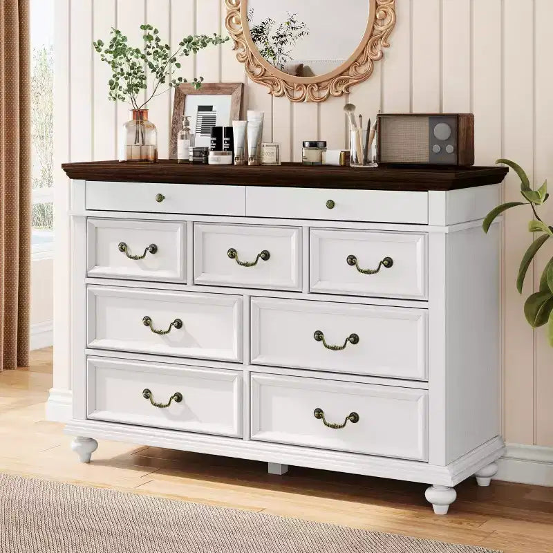 Commode à 9 tiroirs de 119 cm de large, de style rustique, pour chambre et salon