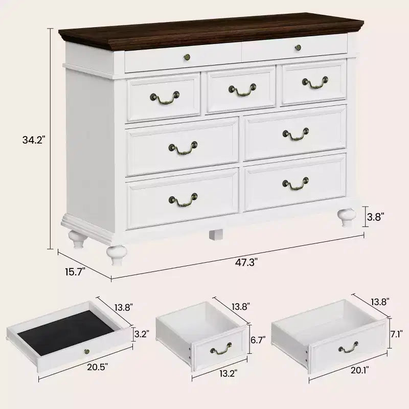 Commode à 9 tiroirs de 119 cm de large, de style rustique, pour chambre et salon