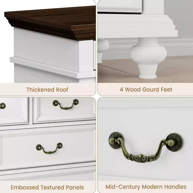 Commode à 9 tiroirs de 119 cm de large, de style rustique, pour chambre et salon