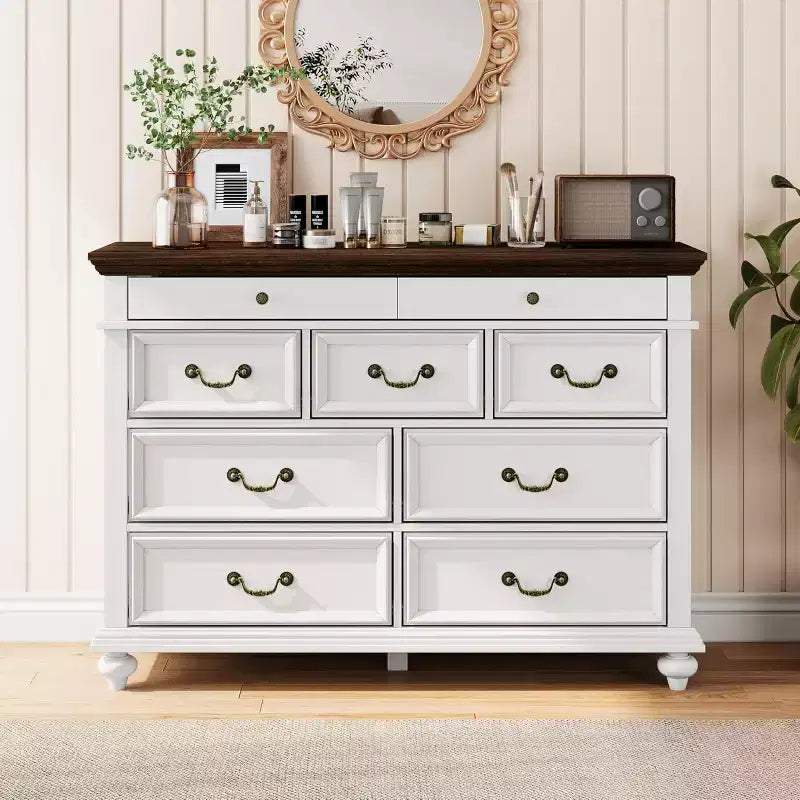 Commode à 9 tiroirs de 119 cm de large, de style rustique, pour chambre et salon