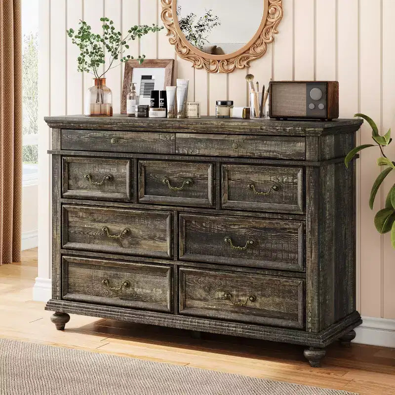 Commode à 9 tiroirs de 119 cm de large, de style rustique, pour chambre et salon