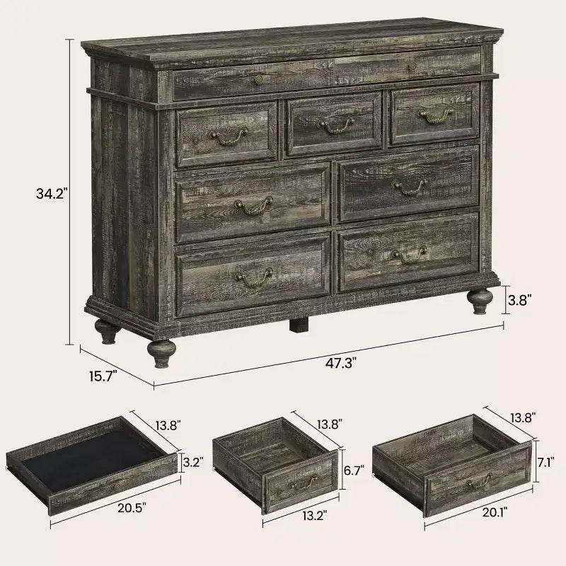 Commode à 9 tiroirs de 119 cm de large, de style rustique, pour chambre et salon