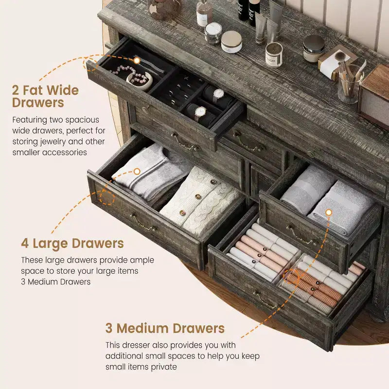 Commode à 9 tiroirs de 119 cm de large, de style rustique, pour chambre et salon