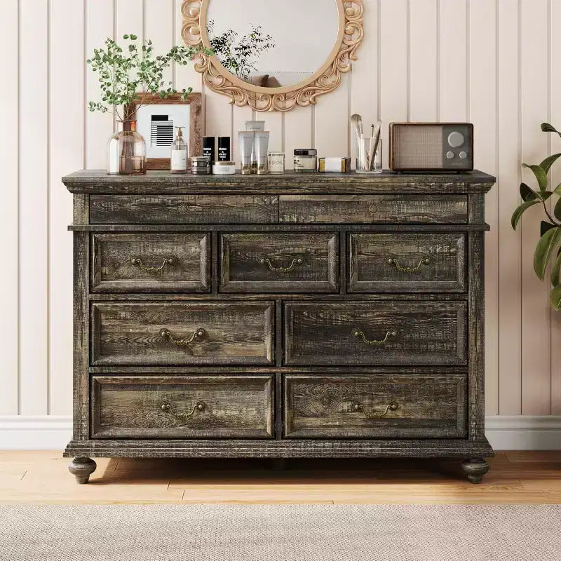 Commode à 9 tiroirs de 119 cm de large, de style rustique, pour chambre et salon