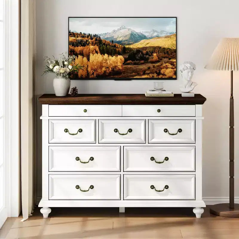 Commode à 9 tiroirs de 119 cm de large, de style rustique, pour chambre et salon