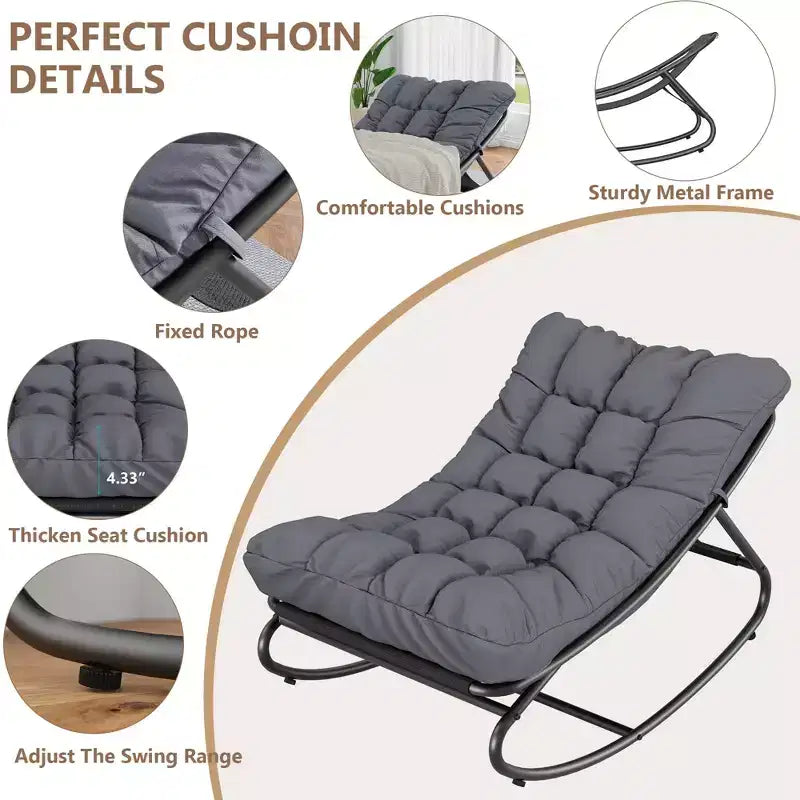 Fauteuil à bascule d'extérieur avec coussins épais pour la sieste et la détente, fauteuil à bascule moderne et confortable, adapté pour le salon, le patio, le jardin, le porche